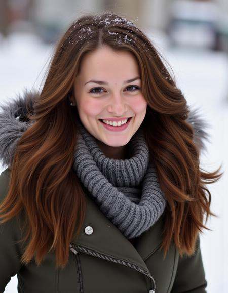 8k hdr She has a fair skin tone and long,  wavy brown hair cascading over her shoulders. Her hair is styled in loose waves...