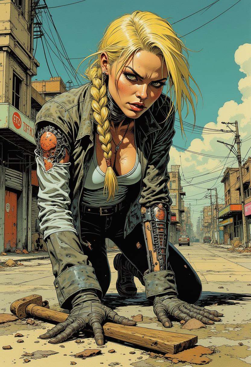 Comix book style,  Grunge style a female blonde android with a braid,  crawling on pavement on Tensor.Art