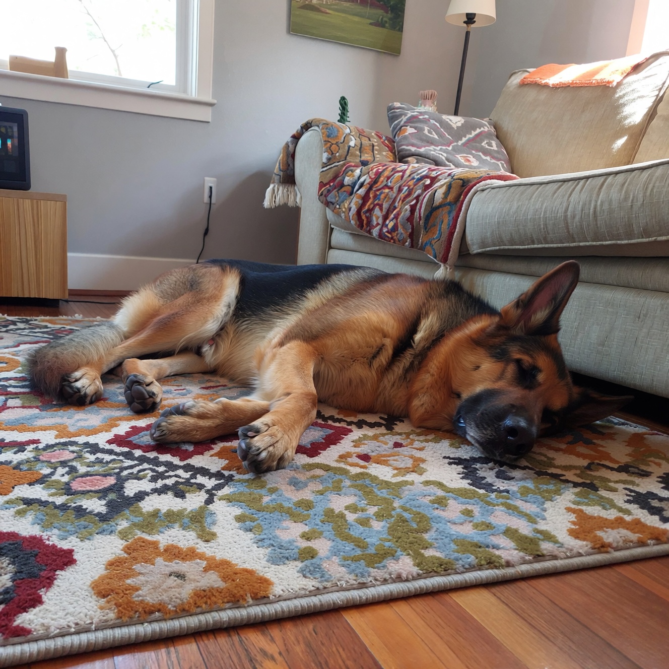 ******* photo. a german shephard dog sleeping on a rug in a living room. on Tensor.Art