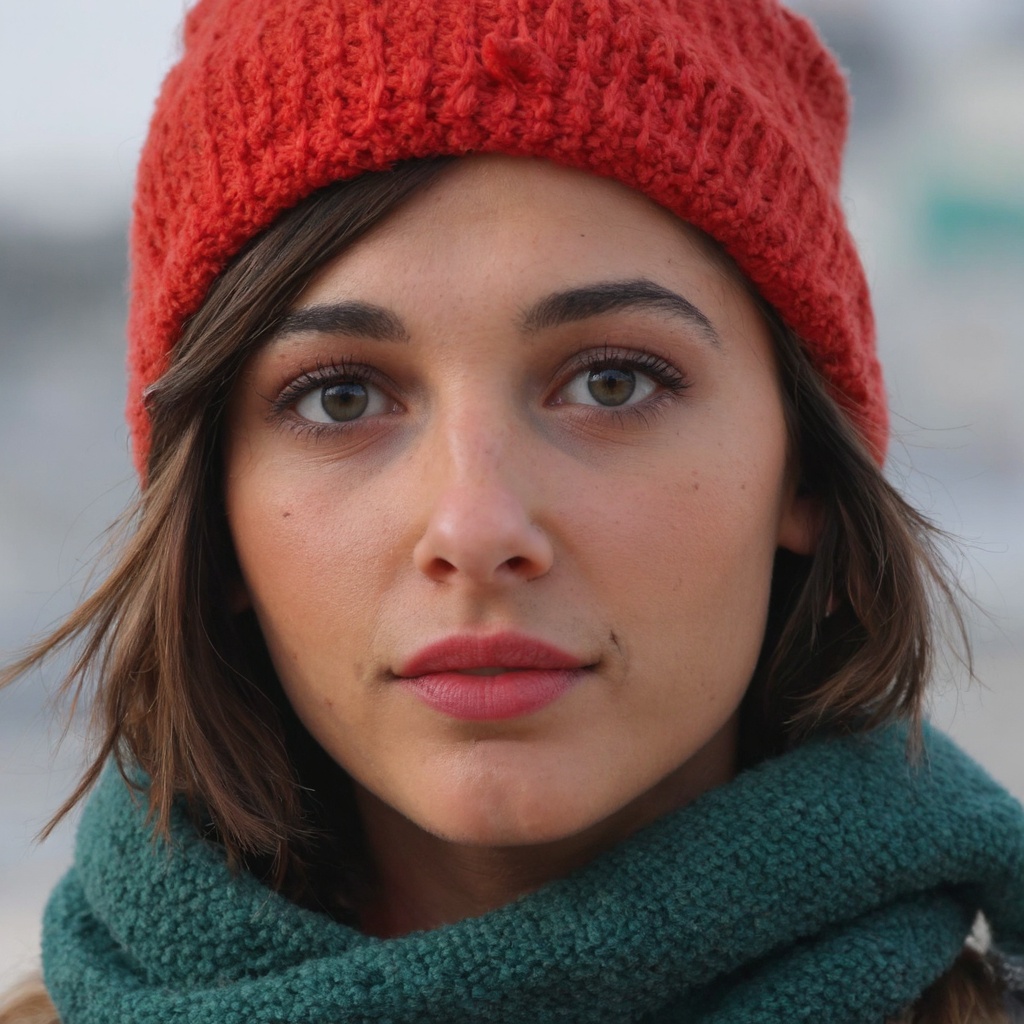 A close-up portrait of naomi_scott outdoors. She wears a bright red knitted beanie and a green scarf wrapped around her ne...