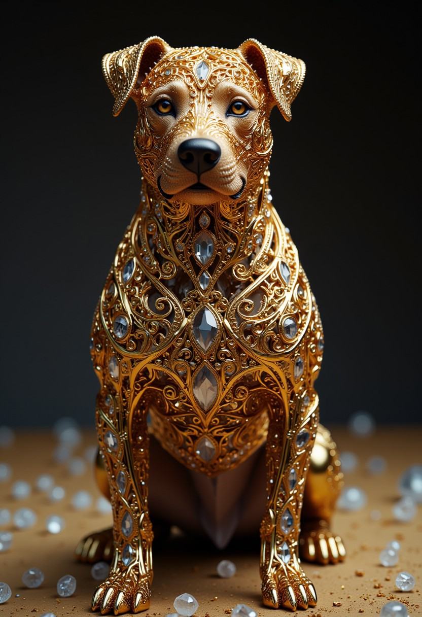 This is a high-resolution CGI artwork featuring a meticulously detailed,  ornate statue of a pit bull dog,  rendered in an...
