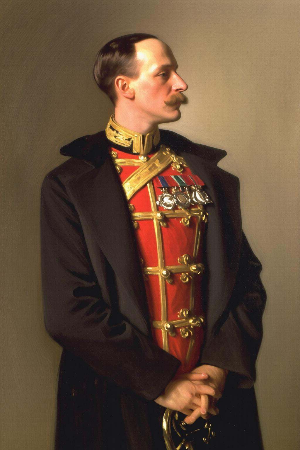 johnsingersargent6q painting.A mustachioed man with short hair is in a formal military uniform. He wears a red coat adorne...