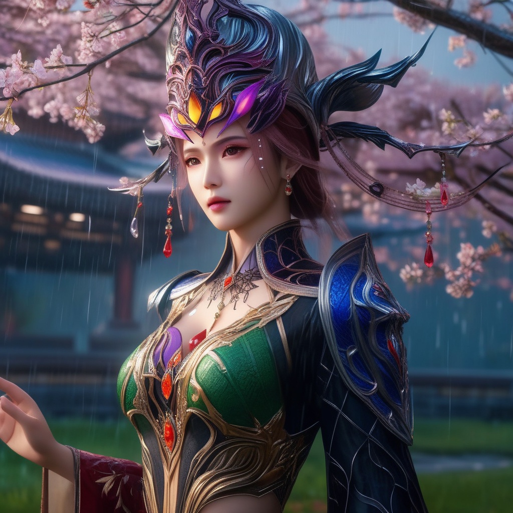 <lora:833-DA-XL-斗罗大陆-比比东-罗刹神:0.8>, (,1girl, ,best quality, ),,  ,,ultra detailed 8k cg, ultra detailed background ,ultra realistic 8k cg,          cinematic lighting, cinematic bloom, (( , )),,  , unreal, science fiction,  luxury, jewelry, diamond, pearl, gem, sapphire, ruby, emerald, intricate detail, delicate pattern, charming, alluring, seductive, erotic, enchanting, hair ornament, necklace, earrings, bracelet, armlet,halo,masterpiece, (( , )),, realistic,science fiction,mole,   ,cherry blossoms,,(((Best quality, masterpiece, ultra high res, (photorealistic:1.4), raw photo, 1girl, ,rain, , sunlight, sunset, qianqiu wanxia,     )))  (cleavage),,  (),