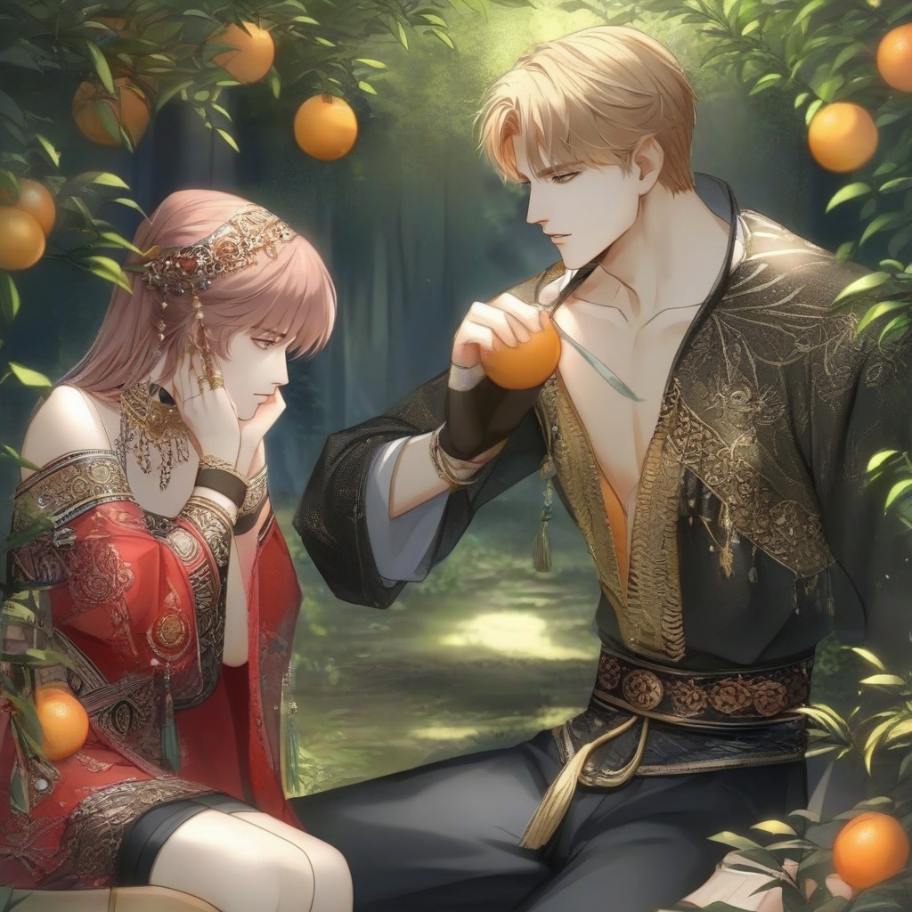 <lora:20241029-1730164497477:0.8>,The image is an illustration of two characters, a man and a woman, standing in a forest. The man is on the left side of the image, with his back to the viewer, and he is wearing a black and gold outfit with intricate patterns and designs. He has blonde hair and is looking down at the woman with a serious expression on his face. The woman is sitting on the ground next to him, with her hand resting on the man's shoulder. She is also wearing a red and black outfit with gold accents. The background is filled with trees and bushes, and there are oranges hanging from the branches. The overall mood of the illustration is peaceful and serene.