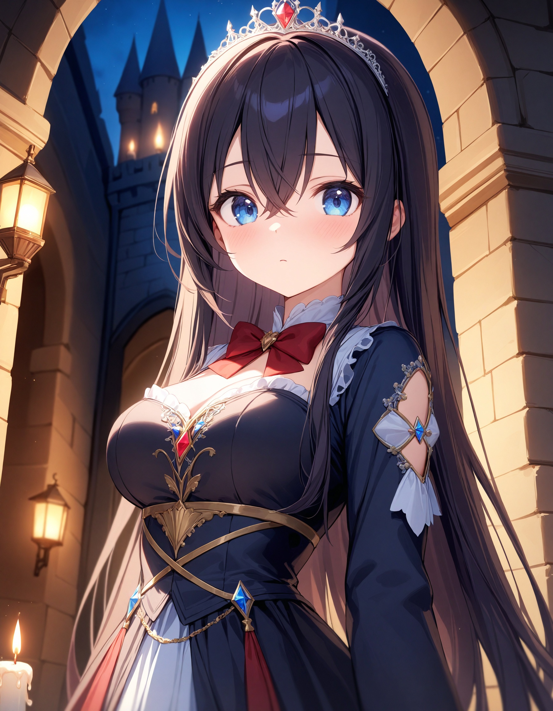 Depth of field. Upper body shot. Cinematic angle. 1 cute girl. Solo. :). Looking at viewer. . Detailed dark-blue eyes. Tar...