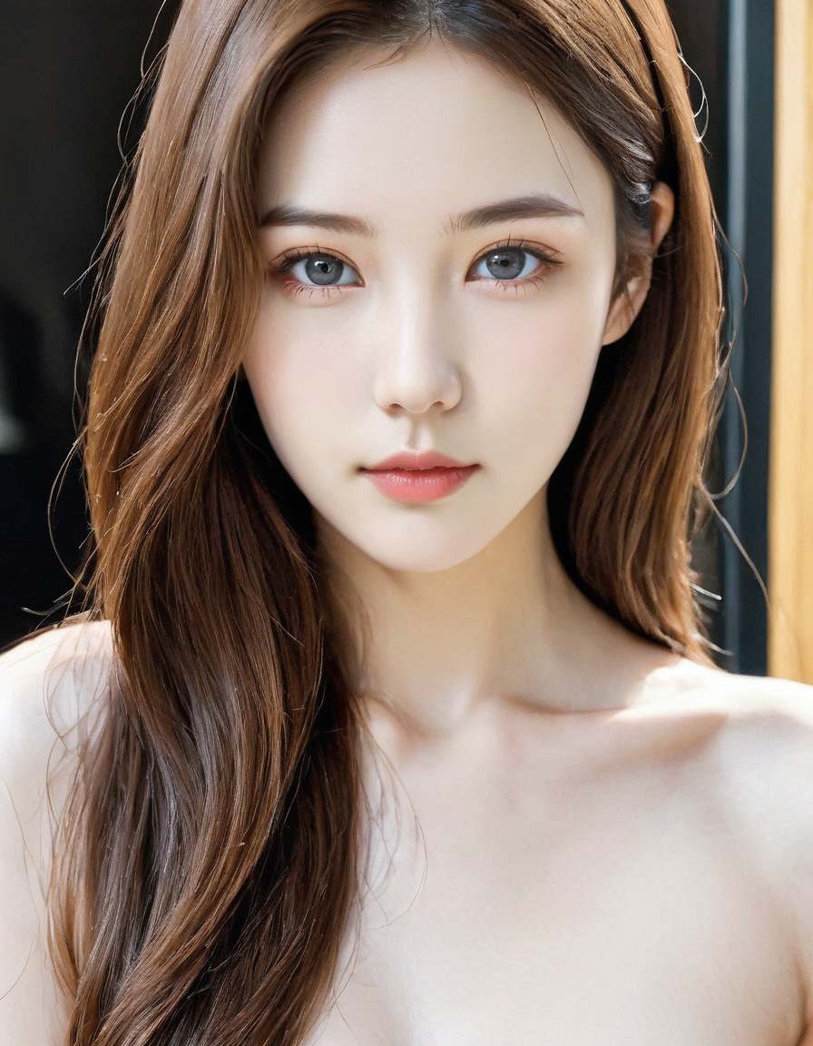 1girl, solo, upper body, realistic, looking at viewer, brown hair, long hair, lips, parted lips