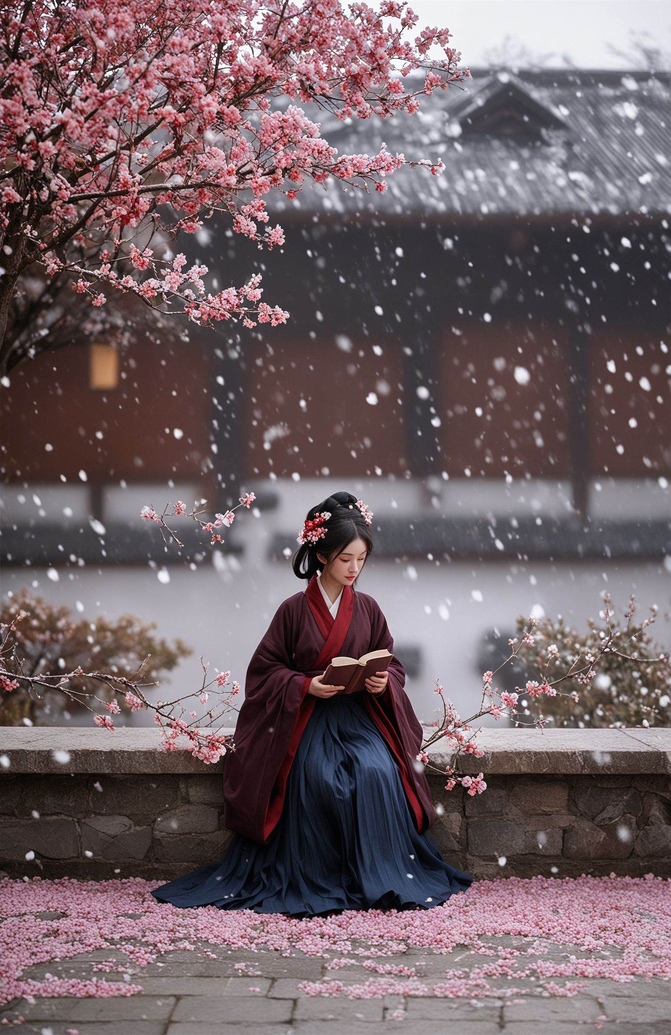score_9,score_8_up,score_7_up,score_6_up,score_5_up,hanfu, On a cold winter day, plum blossoms bloom in the courtyard. The Hanfu maiden walks among the plum flowers, her sleeves adorned with delicate pink petals. Blossoms fall around her, resembling snowflakes. She sits on a stone bench, holding a book, savoring the fragrance of the plum blossoms.