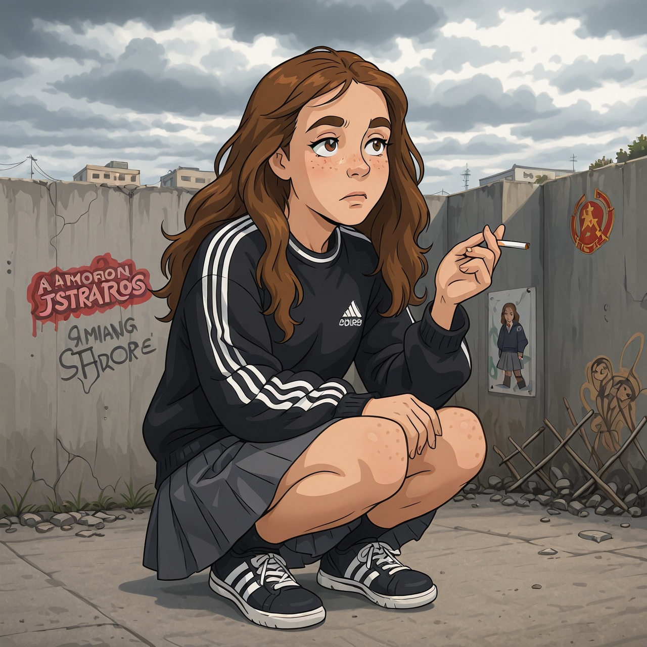 Hermione Granger a young British girl with thick,  wavy brown hair and intelligent hazel eyes,  wearing a black Adidas tra...
