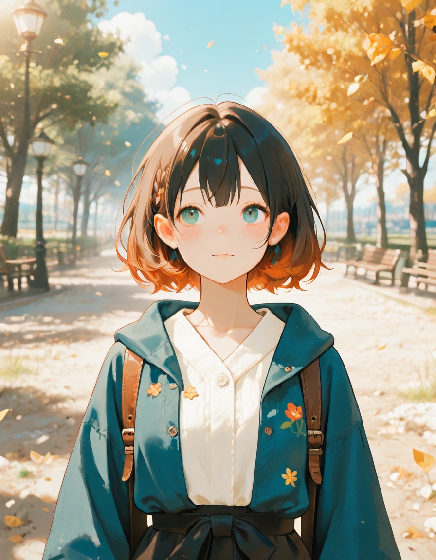 A girl and her grandfather scattering breadcrumbs for birds in a snowy park. n1j1,  simple very vibrant anime illustration...