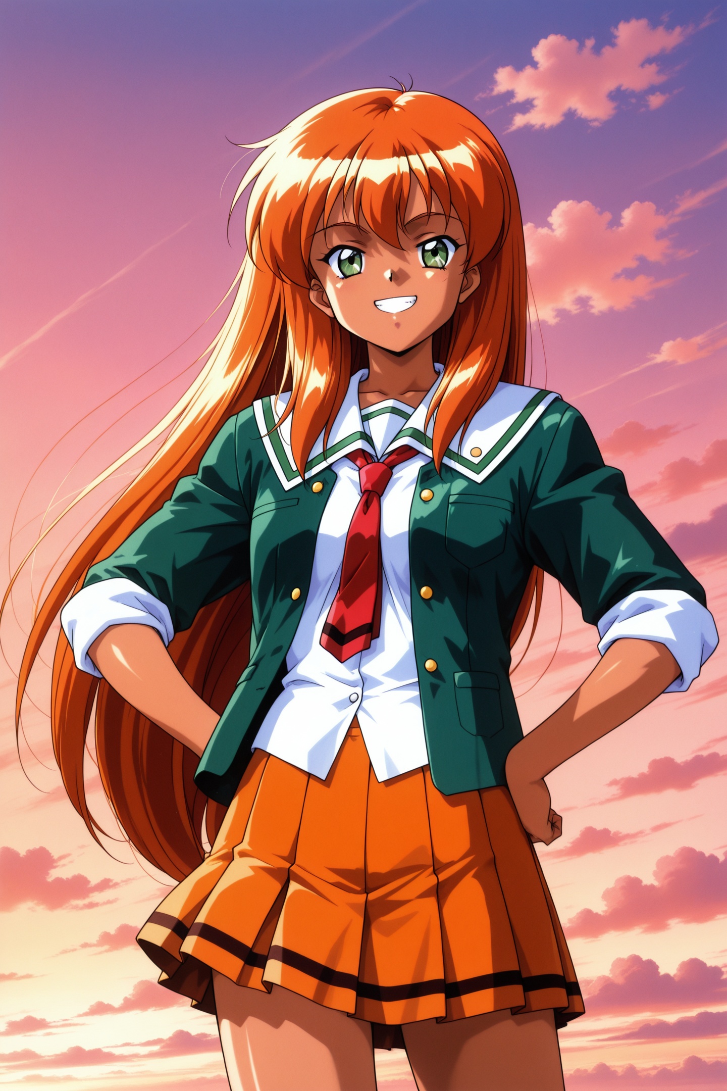 Original Style,Akai Homura,1girl,long hair,green eyes,solo,skirt,smile,school uniform,necktie,orange hair,very long hair,hands on own hips,green jacket,jacket,grin,looking at viewer,shirt,red necktie,sky,orange skirt,standing,cloud,open clothes,pleated skirt,white shirt,sleeves rolled up,open jacket,cowboy shot,outdoors,long sleeves,1990s \(style\),<lora:Tokimeki Memorial 2_illustriousXL_v2:1>,