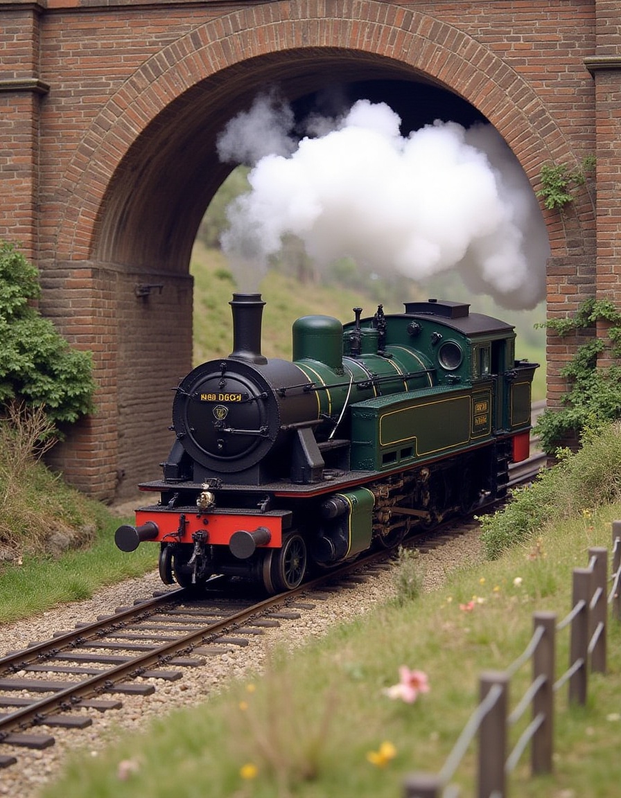 A vintage steam locomotive,  dark olive green and black,  emitting thick white smoke on Tensor.Art