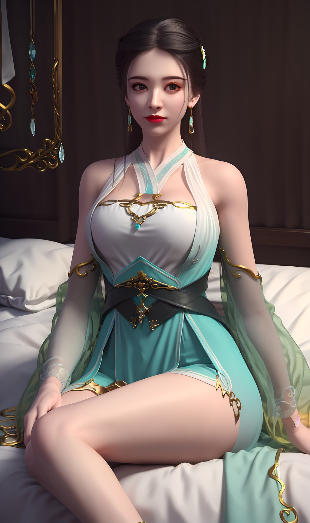 3D,masterpiece,(best quality),(makeup),official art, extremely detailed cg 8k wallpaper,((crystalstexture skin)), (extremely delicate and beautiful),(highly detailed),(face),(gold_trim),(collar),(hand)(1girl), (solo), (jewelry), (earrings),(black_hair),(long_hair),(hair_ornament),(handwear),(breasts),(sitting),((upper_body)),(bare_shoulders),(closed_mouth),(off-shoulder_dress),(short_skirt),(long_skirt),)(multicolored_clothes),(multicolored_dress),(shiny_clothes),(city,indoor,bed),(thighs),,((looking_at_viewer)),((Facing the camera)),, <lora:hipoly3DModelLora_v10:0.3>