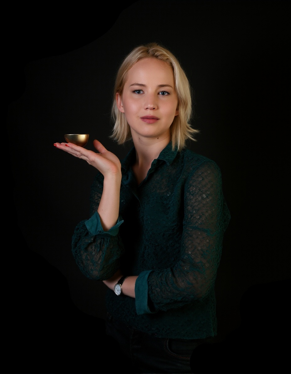 The image is a photograph of a woman standing against a solid black background,  which creates a stark contrast that highl...