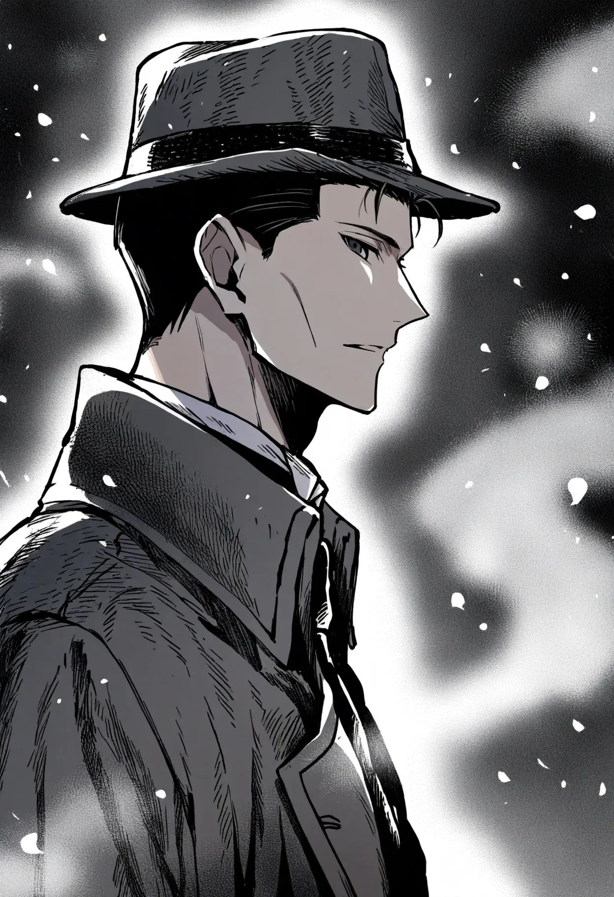 1boy, trench coat, black theme, sherlock holmes, handsome, necktie, grey hat, masterpiece