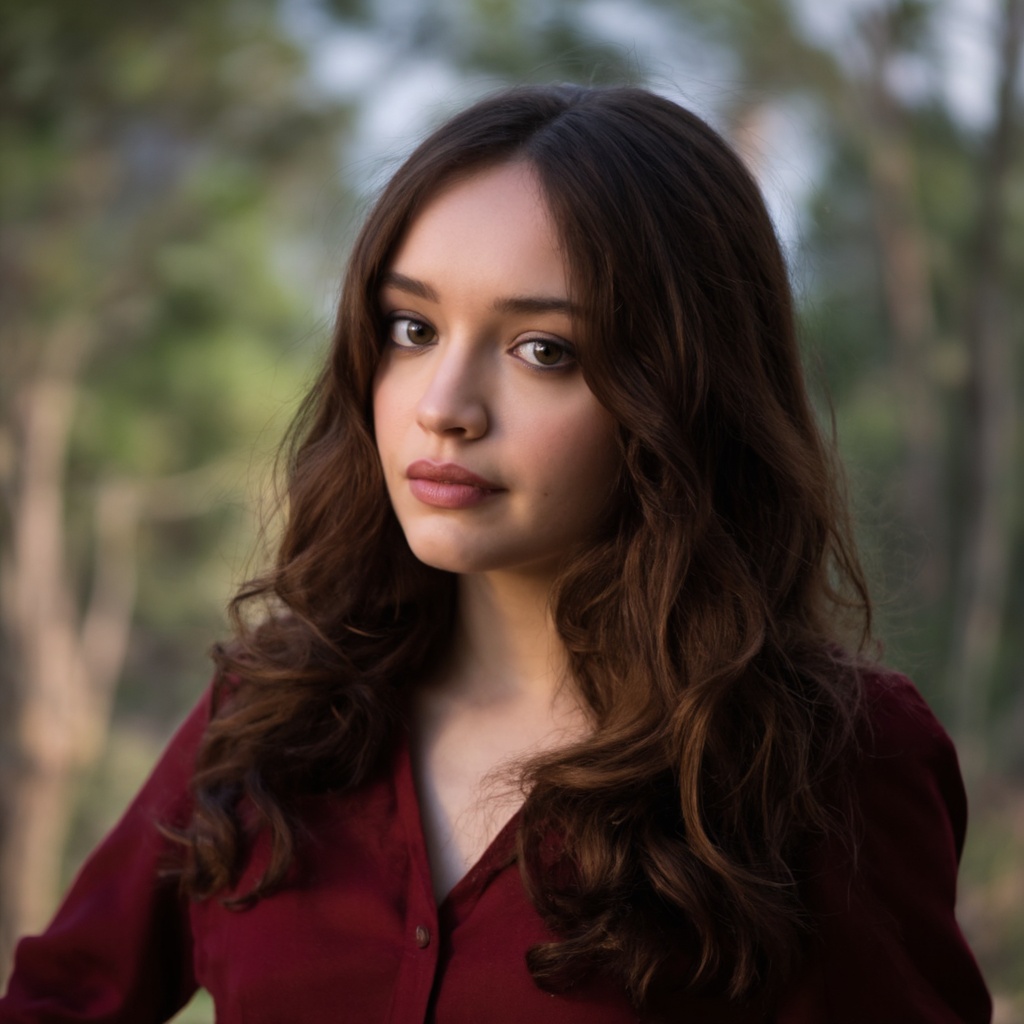 A portrait of olivia_cooke outdoors,  captured in a side profile. She has long,  wavy brown hair and wears a deep red top...