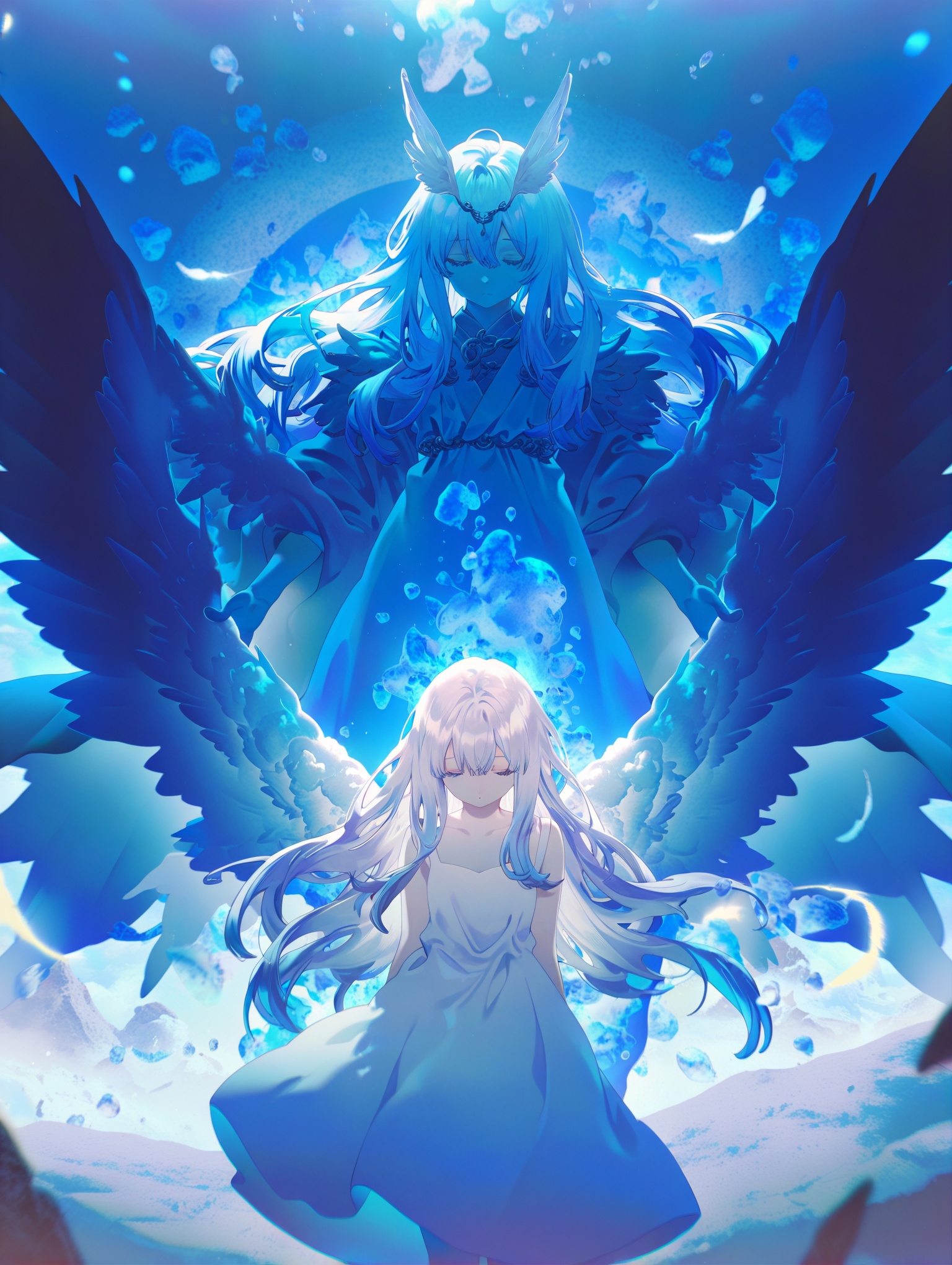 (rei \(sanbonzakura\):0.4),(potg:0.4),(hakuhiruoeoe:0.4),(konyakarasue:0.4),(artist:konya_karasue:0.8),(artist:nyalia:0.4),(artist:Torino:0.6 ),offical art, ,1girl, solo, dress, wings, long hair, white hair, blue theme, fantasy,masterpiece,best quality,amazing quality,