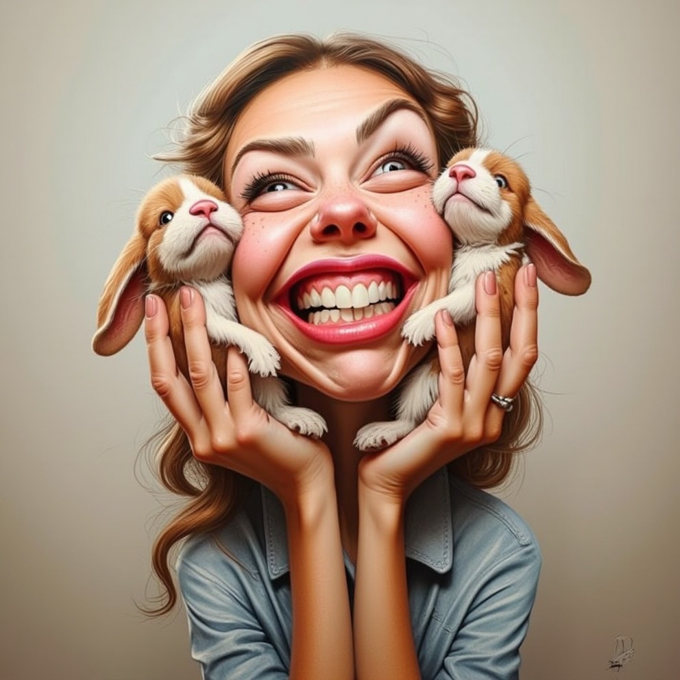Cariji,  Caricature painting on canvas of a cinematic photo by of a cute happy woman holding up two cute bunnies while lau...