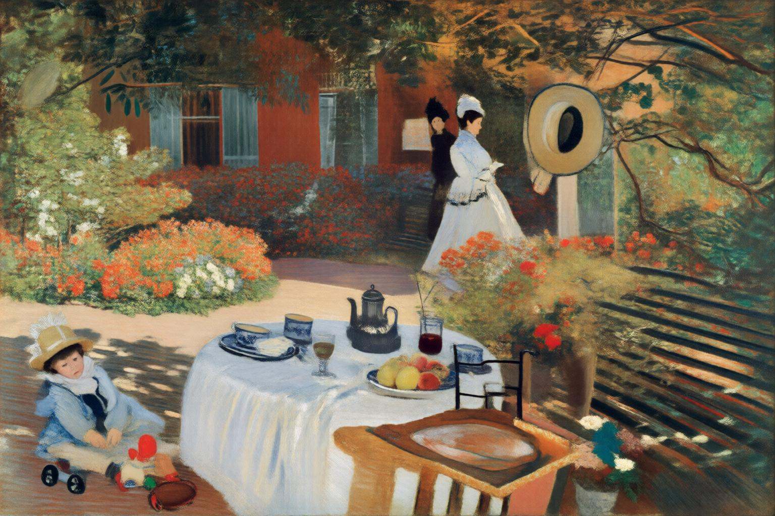 claudemonet2q painting.A garden scene with a table set for tea. The table,  covered with a white cloth,  holds a teapot on...