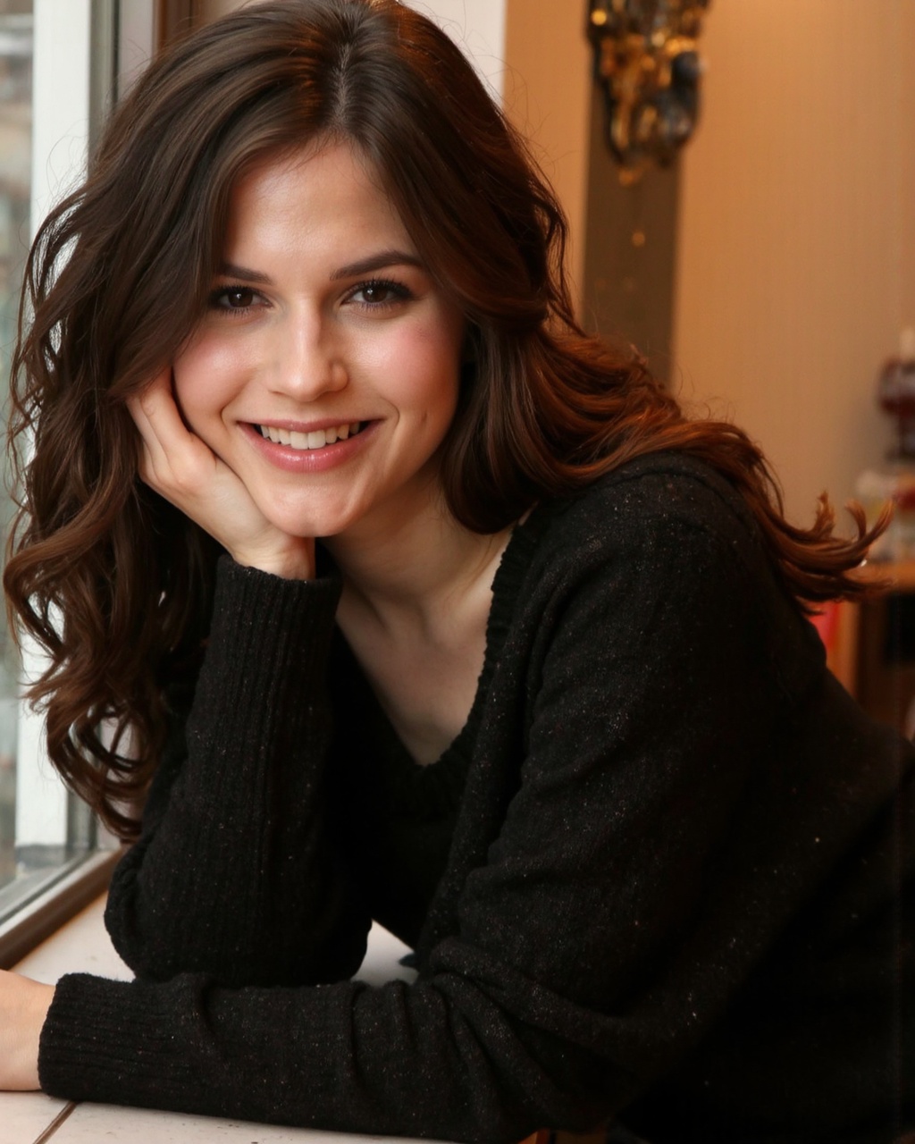 A portrait of erin_sanders,  captured in a candid moment,  leaning against a window. She wears a dark on Tensor.Art