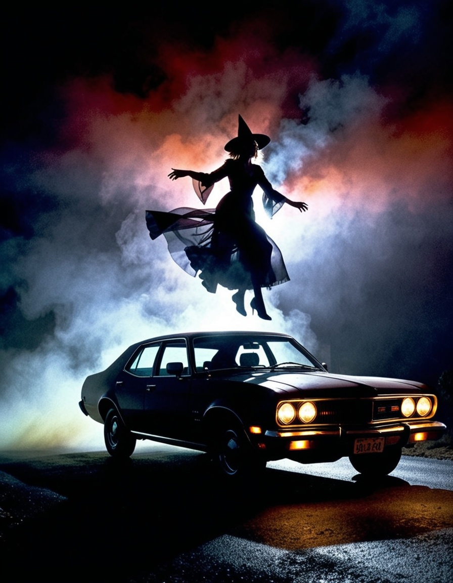 SuspiriaStyle,  a witch levitating in middair next to a car,  road in arizona at night on Tensor.Art