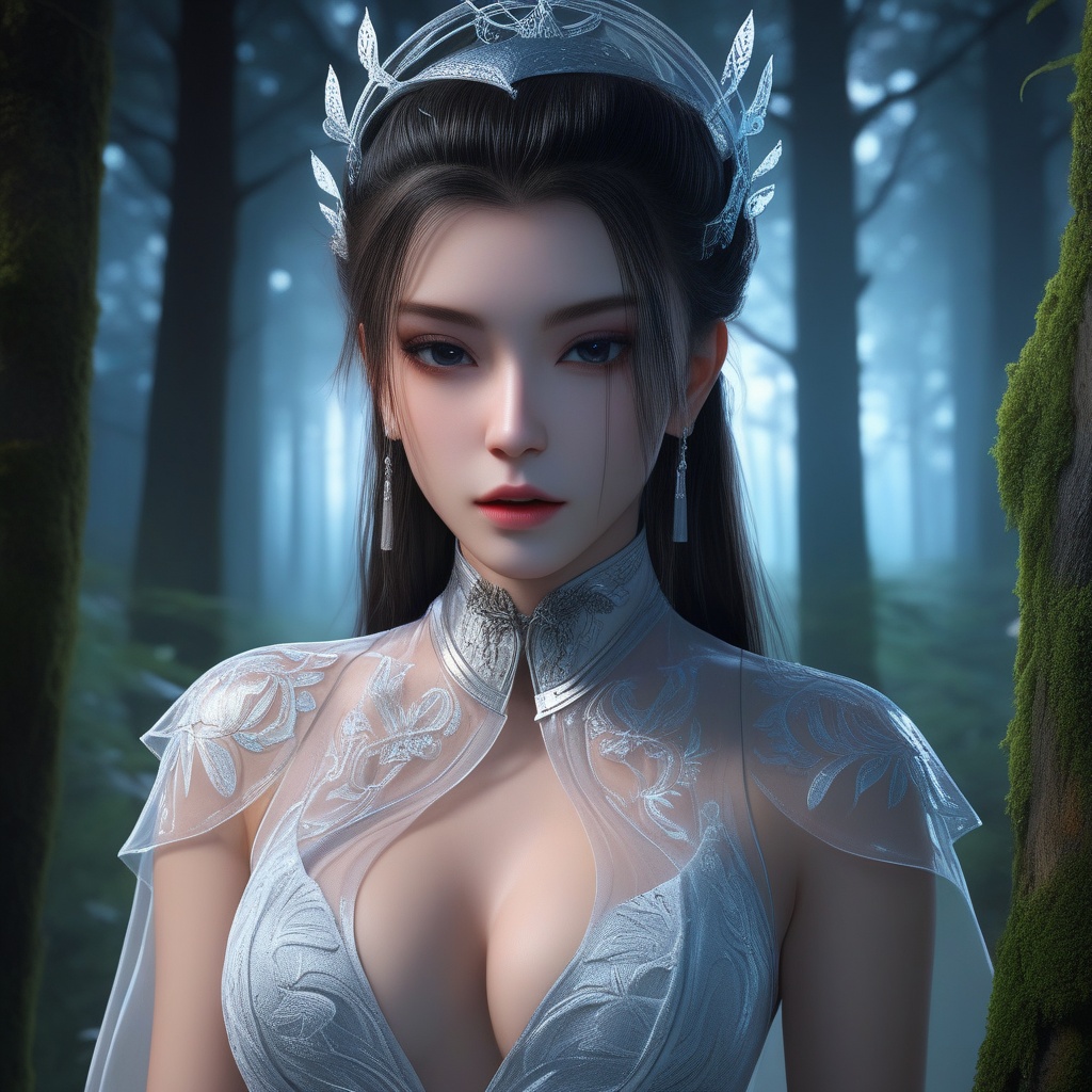 <lora:832-DA-XL-少年白马醉春风-晏琉璃-白衣:0.8>, (,1girl, ,best quality, ),,  ,ultra realistic 8k cg,(masterpiece:1.2),(best quality:1.2),(ultra detailed:1.2),(official art:1.3),(beauty and aesthetics:0.8),detailed,(intricate:0.8),(highly detailed),(solo),delicate countenance,1girl,fancy,(glassy texture:1.2),(crush:1.2),8k,accessory,tattoo,(transparent:1.1),gown,energy encirclement,instant,in the twinkling of an eye,upper body,woman in a mythical forest, masterpiece, perfect face, intricate details, horror theme, raw photo, photo unp(cleavage),, ,