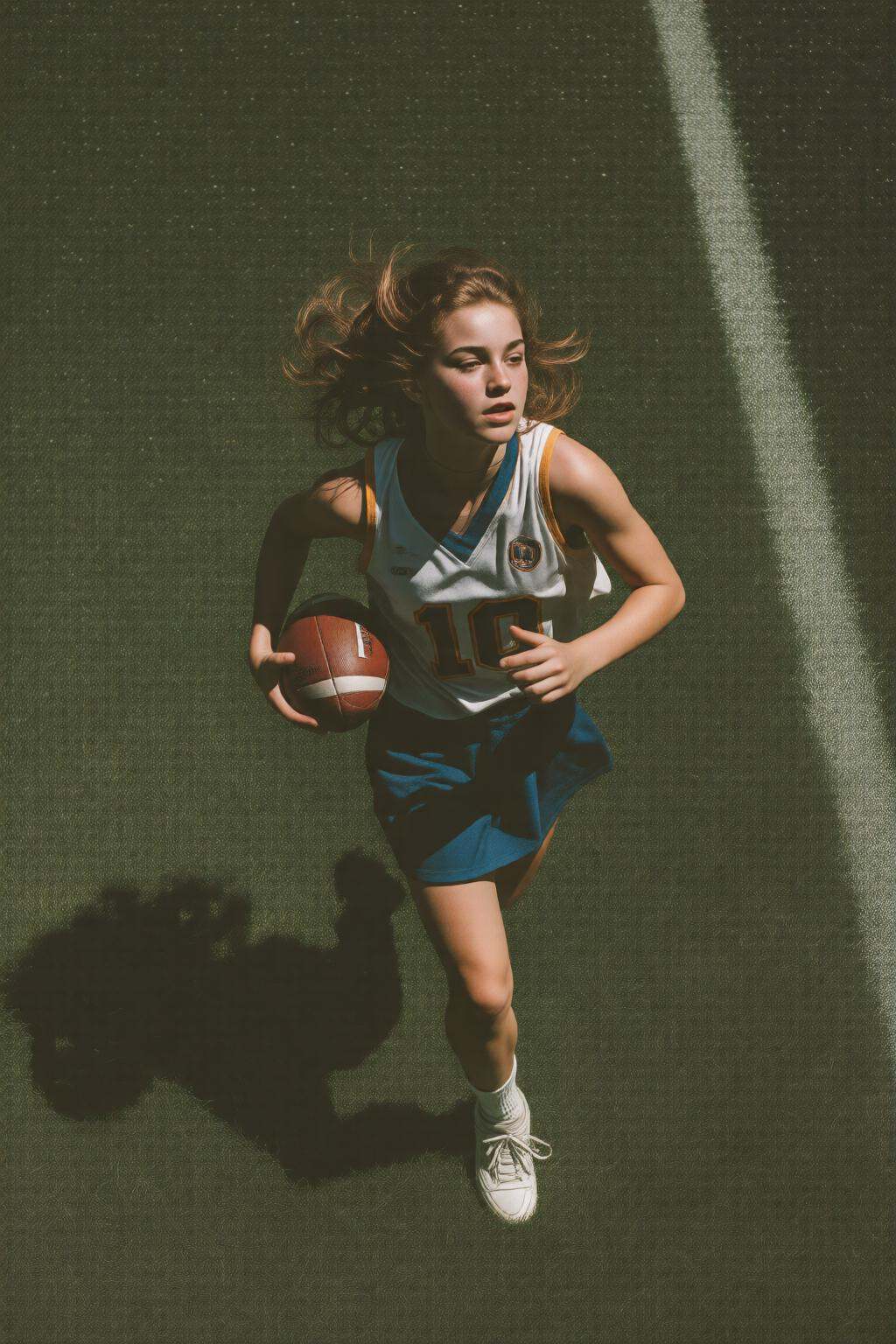 midjourneyhighangle13q High angle view.A young girl running on a grassy field,  holding a yellow American Football. She is...