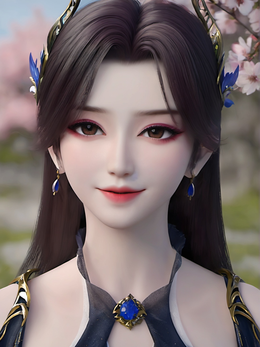 ethereal fantasy concept art of  1girl,solo,long hair,c earrings,c hair ornament,makeup,eyeshadow,closed mouth,light smile,c dress,(looking at viewer),outdoors,cherry blossoms,portrait,depth of field,Highly detailed,(ultra-detailed),(best quality:1.5,masterpiece:1.5),<lora:caoying:0.9>, . magnificent, celestial, ethereal, painterly, epic, majestic, magical, fantasy art, cover art, dreamy
