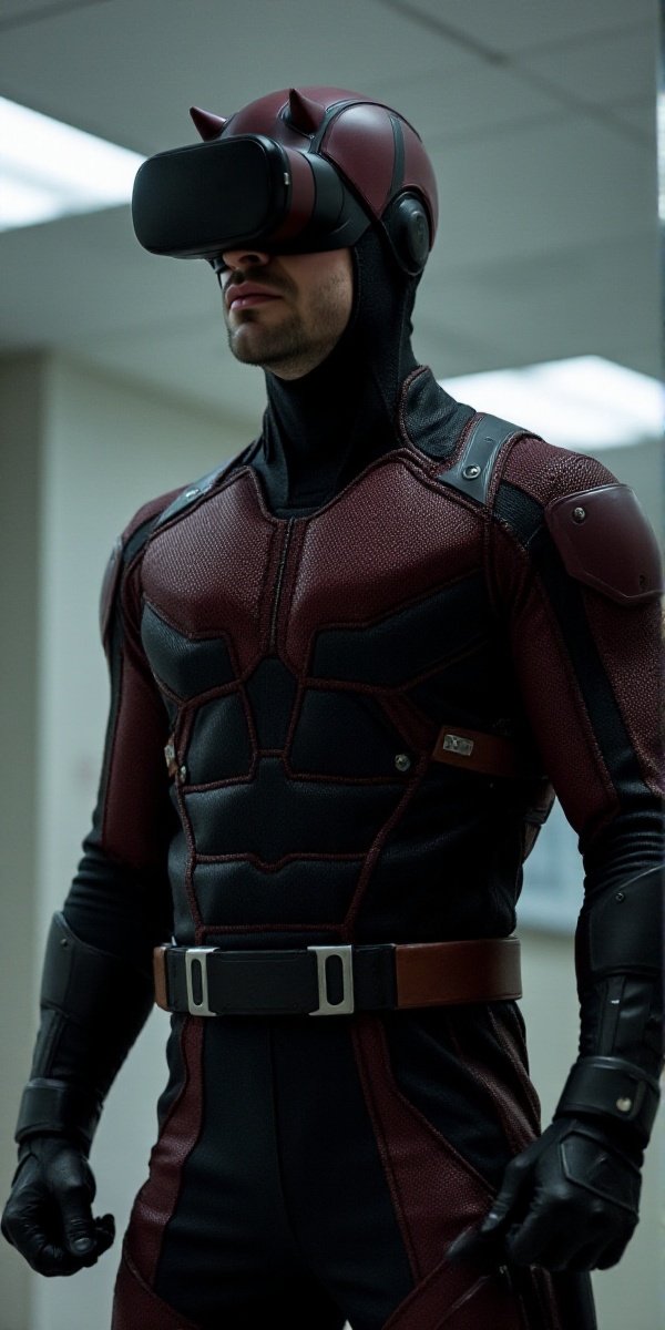 daredevil,  a man with helmet and mask. He stands in a n office. He wears a VR headset on Tensor.Art