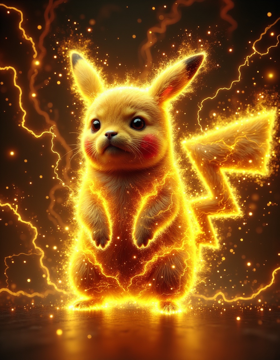 auralora,  the image features a pikachu. it is surrounded by an aura of electric sparks with intricate,  yellow glow. on T...