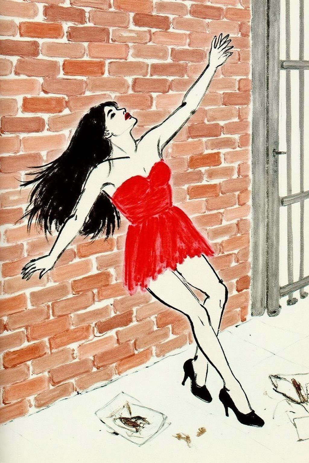 qbs1 ink wash painting.A woman leaning against a brick wall,  set in an urban environment. She has long black hair flowing...