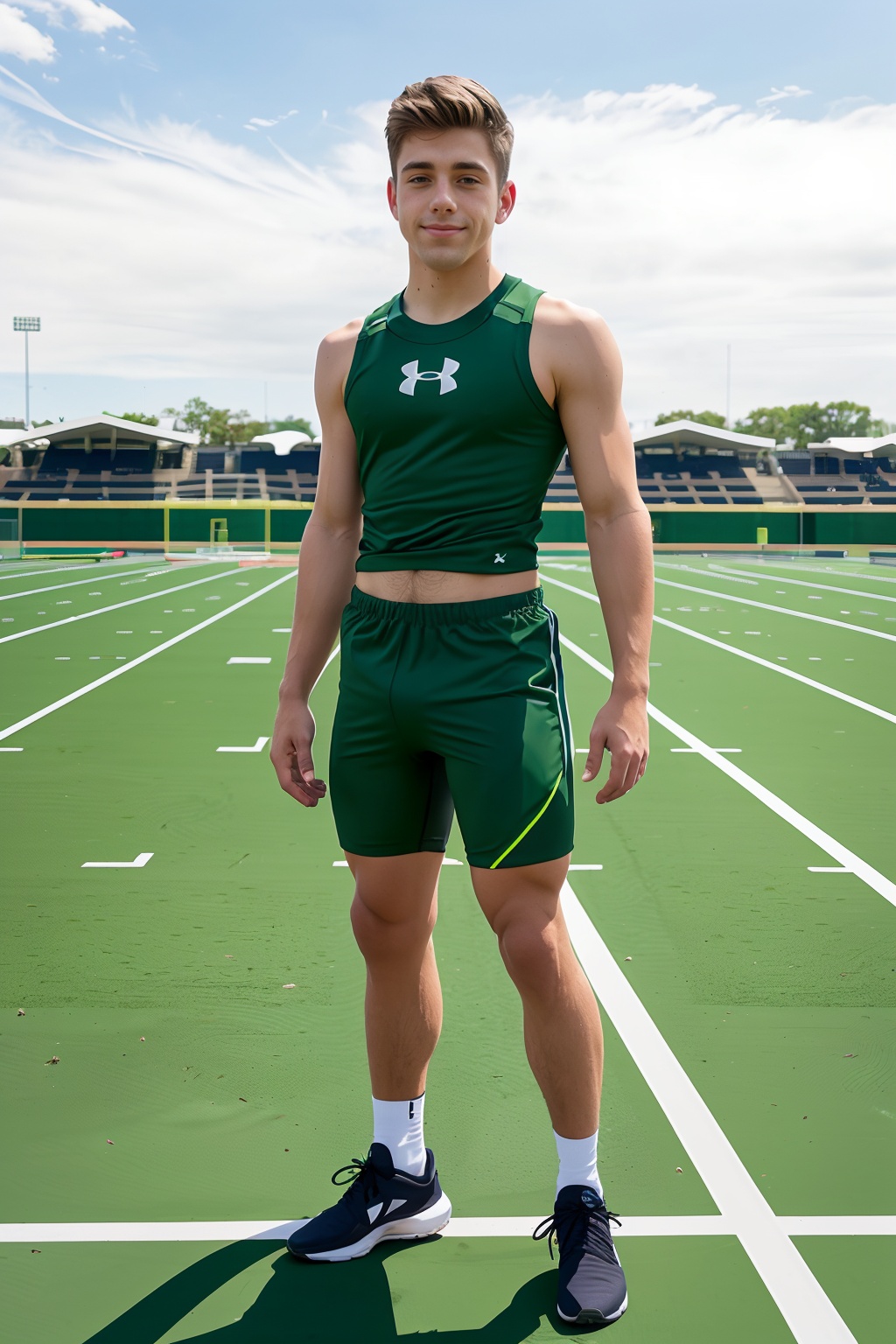 sunny spring day,  track and field stadium,  standing on the running track on Tensor.Art