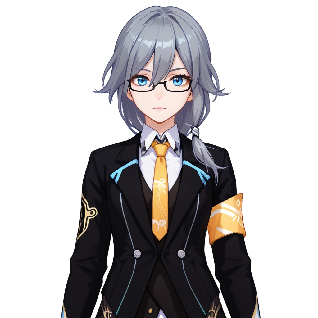 (white background:1.2),looking at viewer,(SOLO:1.4),outline,simple background,upper body, cowboy shot,looking at viewer,(((arms at side))),   fu hua mordver,fu hua,long hair,bangs,blue eyes,grey hair,blue hair,hair ornament,hair between eyes,low-tied long hair,, jacket, necktie, glasses, black jacket, long sleeves,armband<lora:heizhishi-pony:0.8>