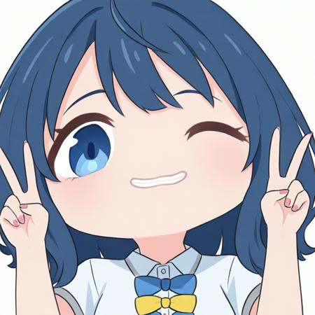 <lora:chibiportrait3_ill-xl-000200:1>,chibi,portrait,:3,white background,simple backgound,<lora:make_heroine_ga_oo_sugiru_style_ill-xl-v0.1-000013:1>,1girl,yanami_anna,one_eye_closed,solo,shirt,smile,v,skirt,bow,white_background,white_shirt,double_v,yellow_bow,school_uniform,simple_background,blue_bow,bowtie,looking_at_viewer,short_sleeves,pleated_skirt,collared_shirt,pink_nails,grin,blue_bowtie,dress_shirt,hands_up,black_skirt,yellow_bowtie,
