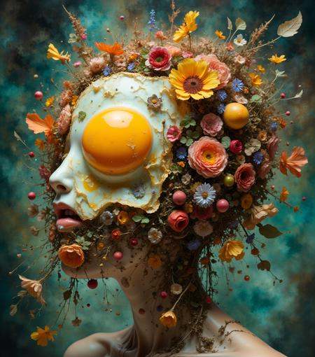 surreal and uncanny,  an humanoid mixed with breakfast dishes,  dripping egg on Tensor.Art