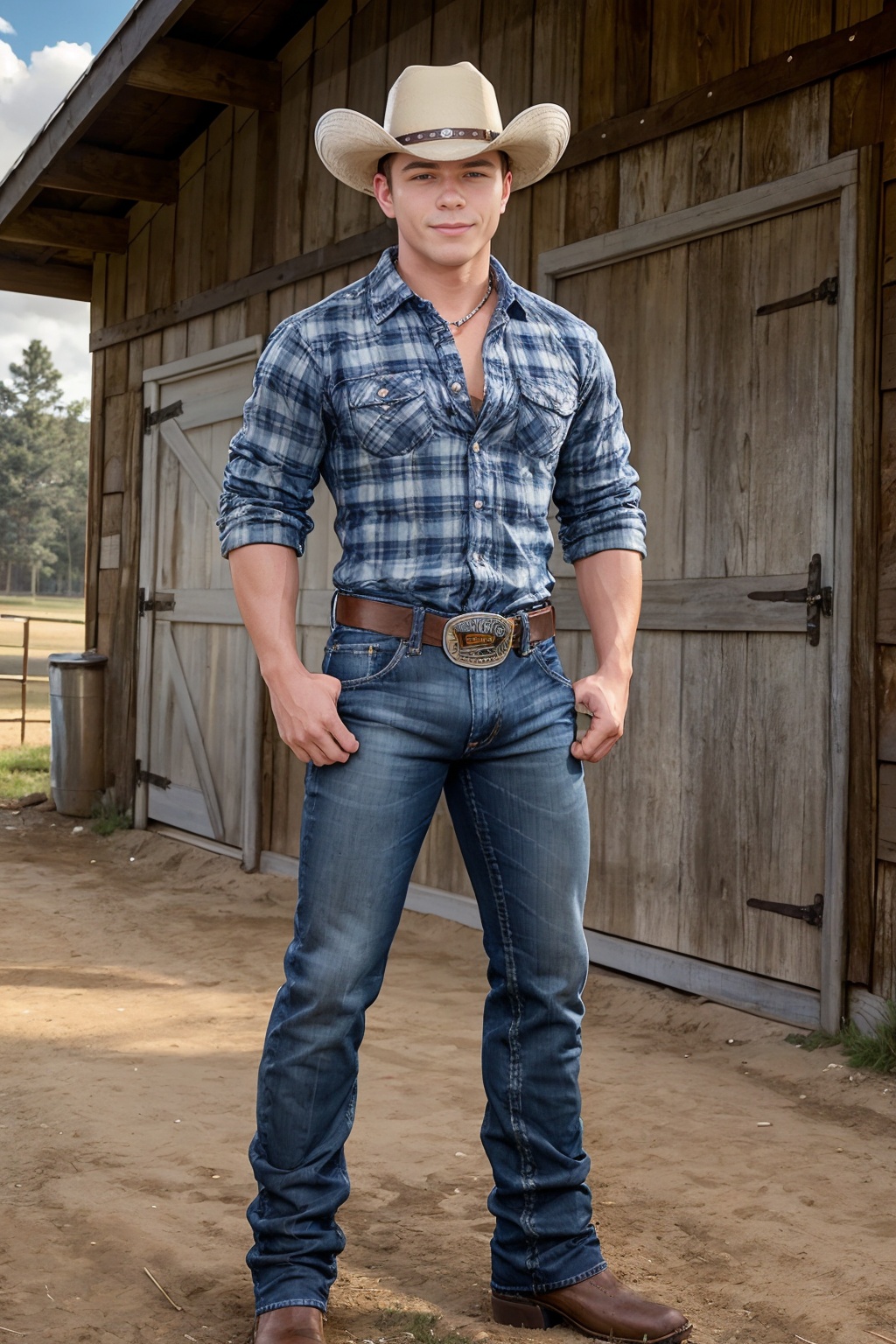 outdoors,  standing in front of barn,  DrakeVon on Tensor.Art