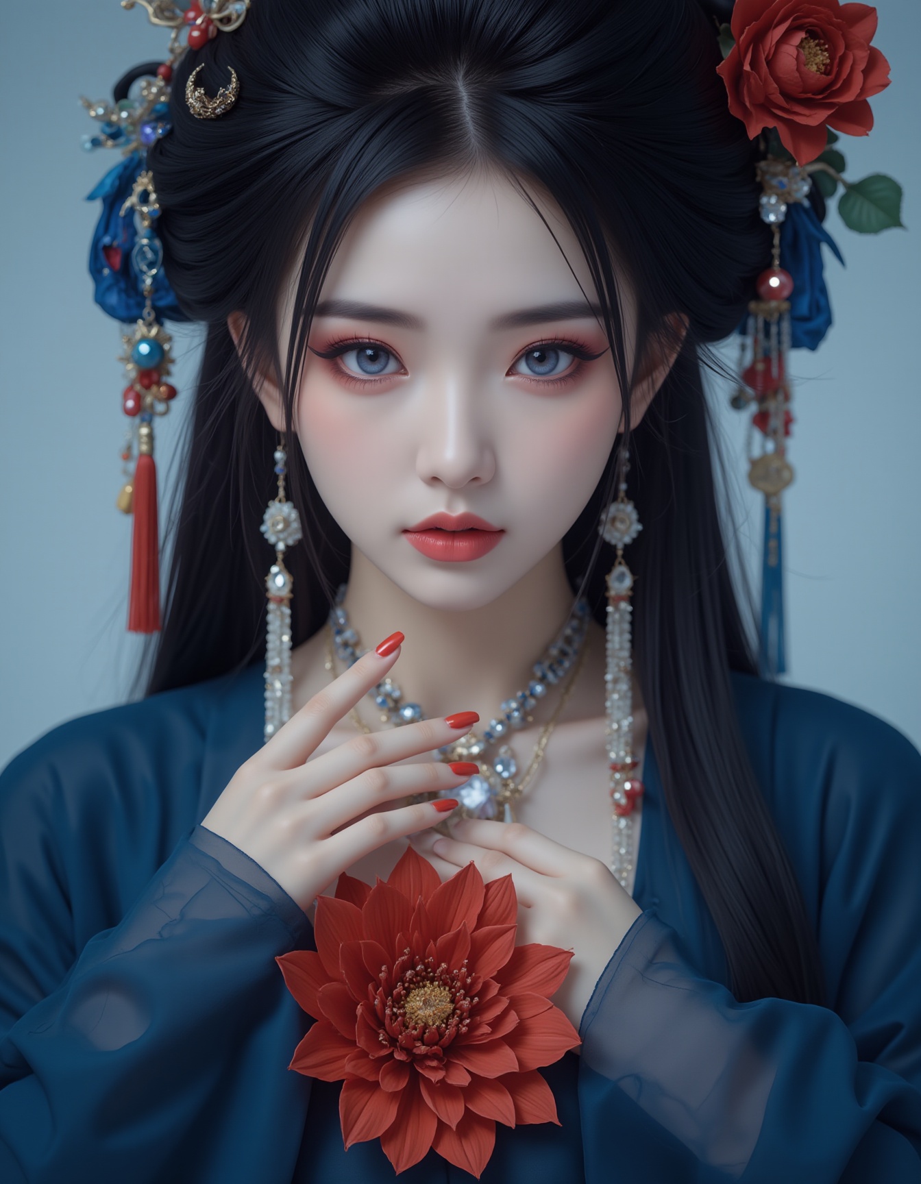 A mystical Chinese beauty stands solo, gazing directly at the viewer. Her piercing blue eyes sparkle under a cascade of black hair adorned with a hair ornament and tassel. She wears intricate jewelry, including earrings that catch the light. A stunning red flower rests on her upper body, surrounded by long sleeves with wide cuffs. Her fingernails are painted to match the red hue, and her eyelashes flutter delicately. A talisman hangs from her neck, adding to the blue theme. The model's makeup is subtle yet striking, with a focus on eyeshadow that complements her ethereal gaze.