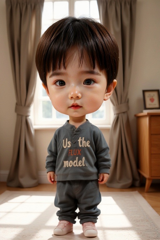 <lora:AgainF1ChibiLora:1>,boy,chibi,full body,indoors,the boy is wearing clothes with the words"Use the flux model"