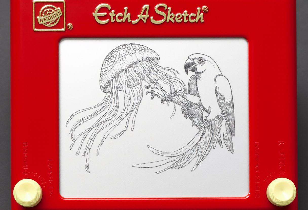 This image is a photograph of a drawing created using the Etch A Sketch toy,  a classic handheld drawing toy that uses a s...