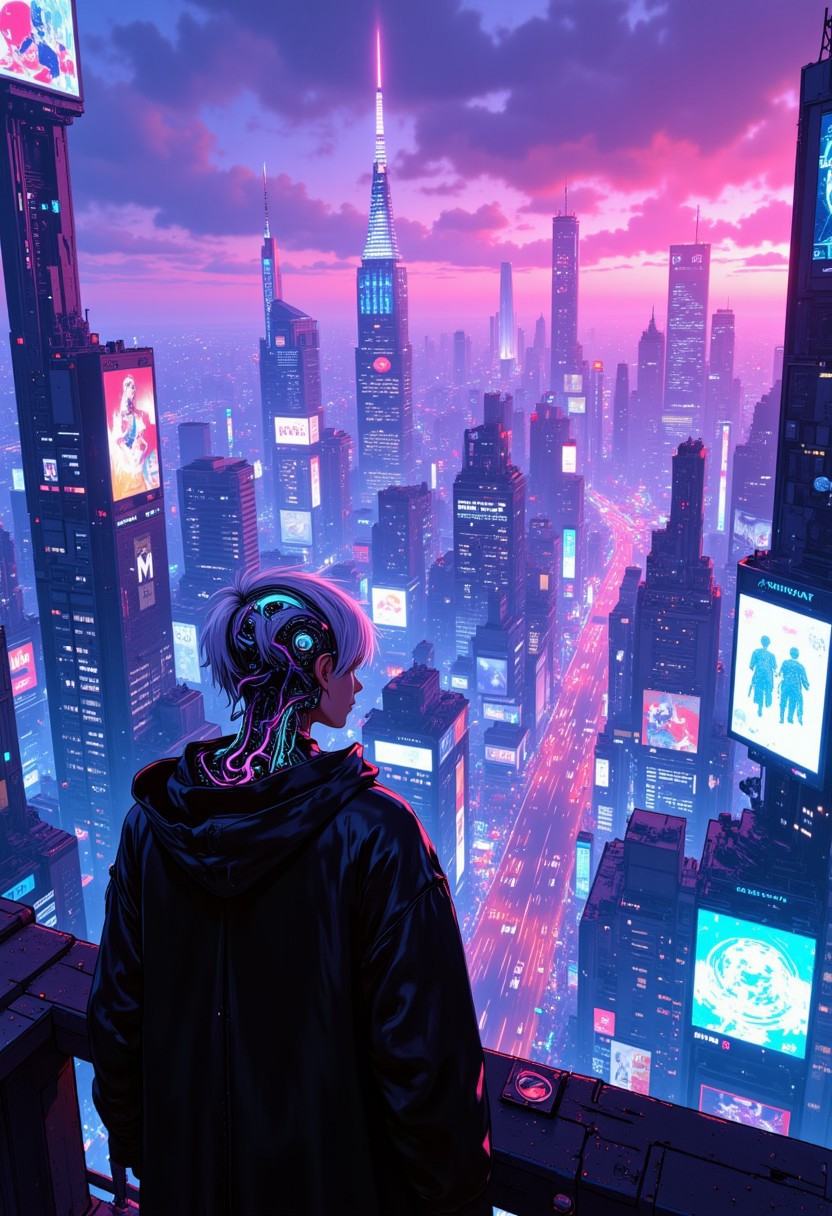 3pic_vist4, del1cate_balance style,  semi realistic image of A lone figure stands on a rooftop overlooking a sprawling, neon-lit cyberpunk cityscape. The character, with sleek, silver hair and intricate cybernetic implants connected by glowing tubes and machinery, wears a reflective black coat that shimmers under the city lights. From afar, the gleaming machinery on their head and shoulders emits a faint, pulsating glow, blending into the futuristic landscape. Towering skyscrapers with holographic advertisements and massive billboards surround them, and flying cars zoom past in the hazy, rain-soaked air. The sky is a mix of deep purples and blues, streaked with bright pink and turquoise lights from the bustling metropolis below, creating an atmosphere of solitude amidst the high-tech chaos.
