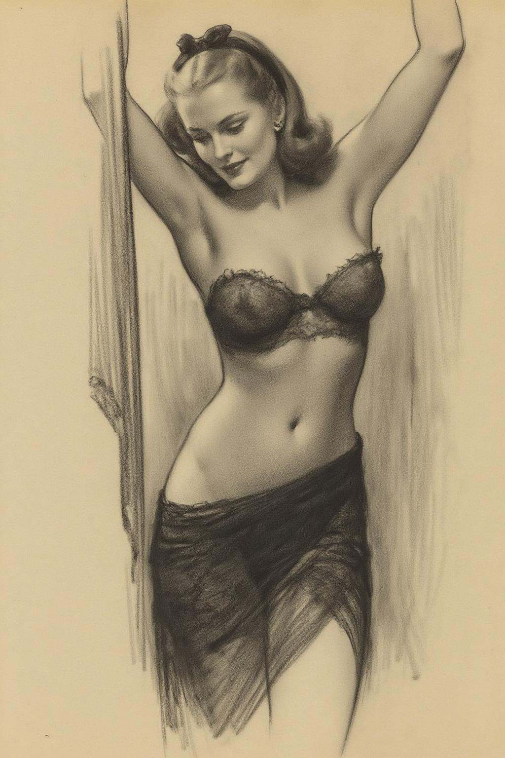 gilelvgren2 Charcoal drawing of a woman with her arms raised above her head. She has shoulder-length hair styled in soft w...