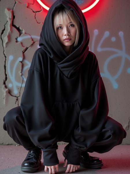 mad-cbrpnkhd02,  front view of a woman wearing black hoodie,  hood_up on Tensor.Art