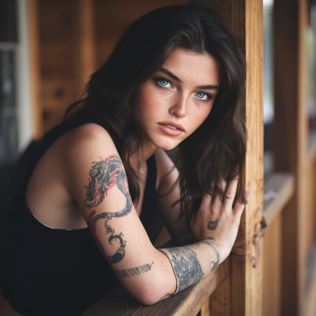 A portrait of sydney_melman with striking blue eyes and dark hair, leaning against a wooden railing. She wears a black sleeveless top and has a tattoo on her left arm. The tattoo features a stylized dragon with red eyes and a crescent moon. The woman's pose is contemplative, with her hand resting on the railing's edge. The background is blurred, but appears to be an outdoor setting with a wooden structure and a window. The image style is contemporary, emphasizing the subject's natural beauty and the intricate details of her tattoo.