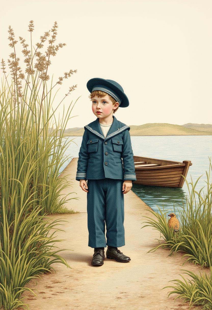 Charming Victorian watercolor painting,  by Kate Greenaway. Features young boy in a blue sailor's outfit,  and matching ha...