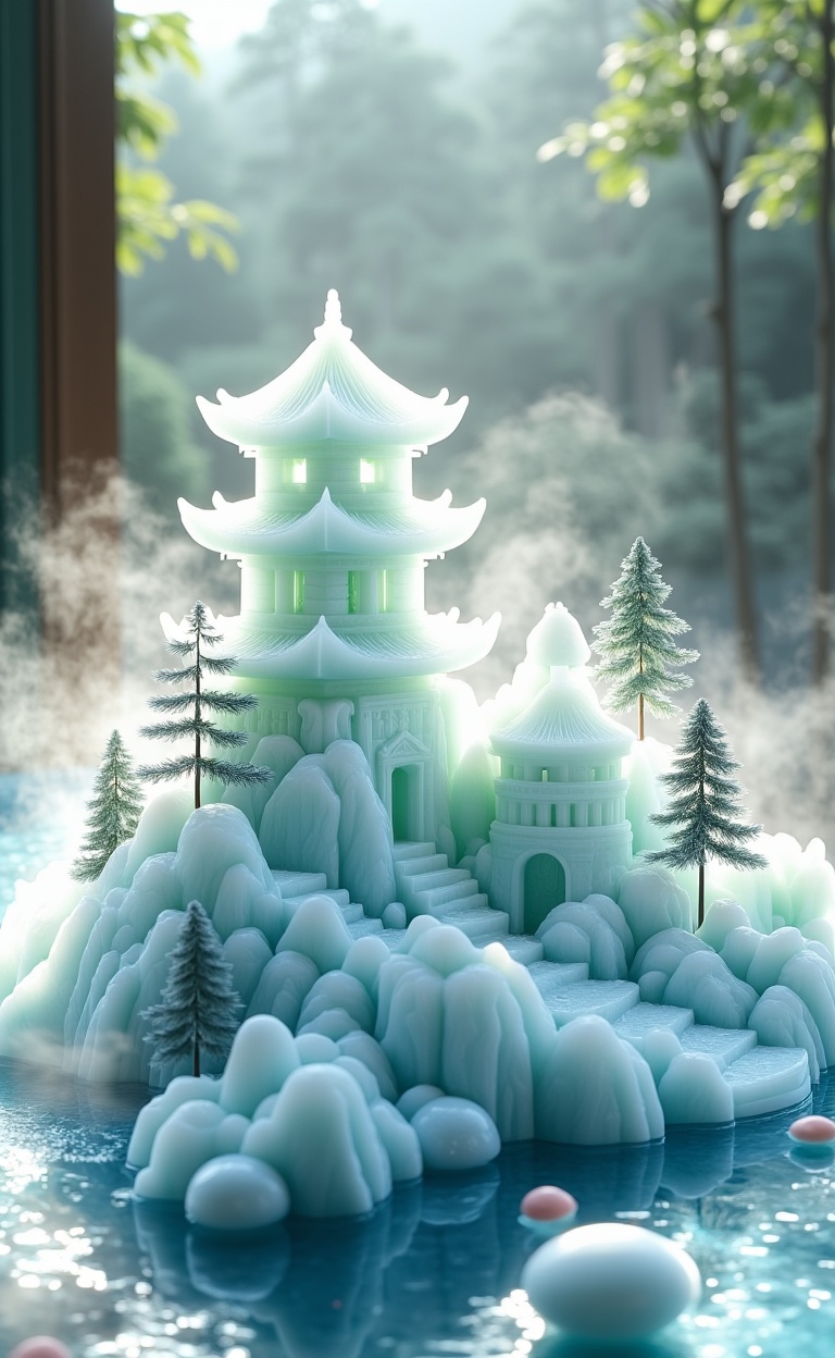 miluo_zsyd, This is a photograph of a meticulously crafted ice sculpture set against a backdrop of soft, natural light. The central focus is an elaborate ice structure that replicates a serene landscape featuring a traditional East Asian pagoda, surrounded by stylized trees and rocks. The ice is translucent, with shades of pale blue and white, giving it a delicate, ethereal appearance. The pagoda, located slightly to the right of the center, is detailed with tiered roofs and intricate carvings, which are accentuated by the ice's translucency.The surrounding landscape includes sculpted trees with needle-like branches, and jagged rock formations that appear to be covered in frost. Small, round ice pieces resembling fruit are scattered around the base of the sculpture, adding to the naturalistic feel. The background features a soft-focus, misty ambiance with hints of greenery, suggesting a forested area. The foreground includes a glass surface with a subtle blue tint, reflecting the ice sculpture and adding a sense of depth. The overall composition exudes a tranquil, almost otherworldly atmosphere, with the play of light and shadow enhancing the intricate details of the ice.<lora:米洛-中式盘中餐-flux-12.7:1>
