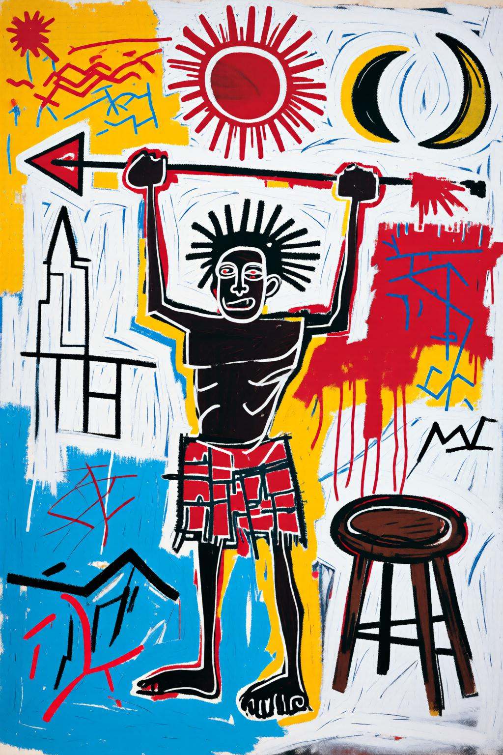 jeanmichelbasquiat2q painting.An African Tribesman holding up a long spear. There is a stool on the right.There is a sun a...