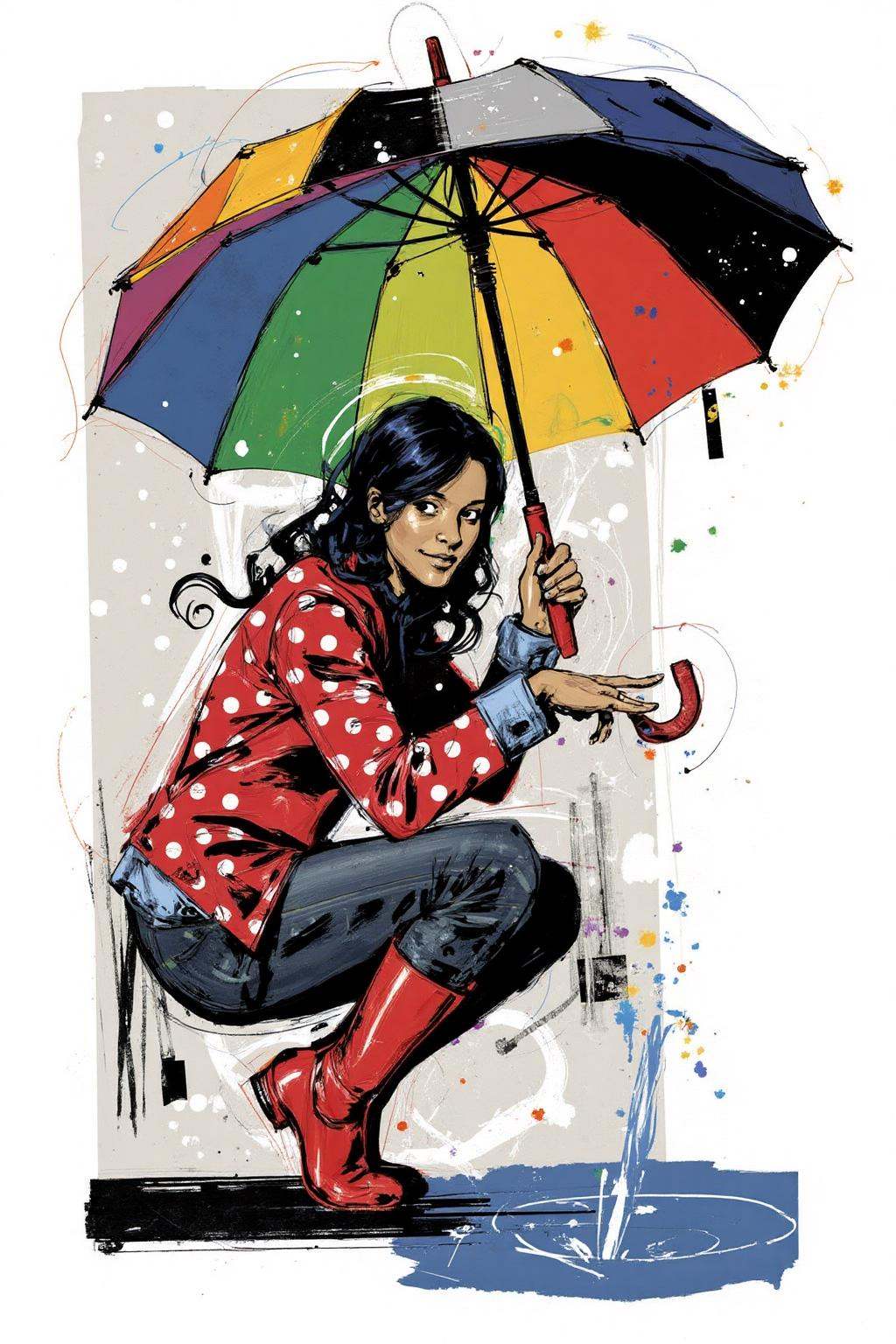 poster illustration.A young woman,  angled from slightly above and to the right,  crouching low to the ground in a puddle....