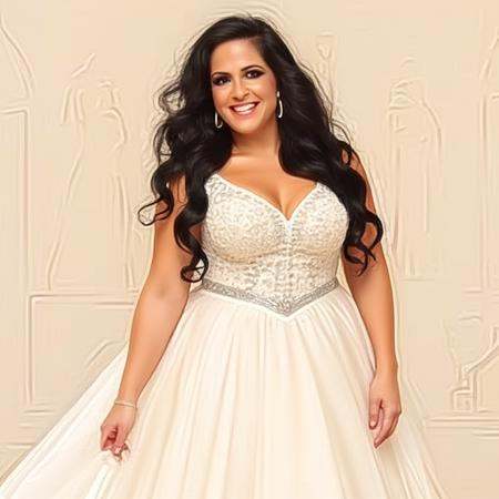 Mylo. The image is a photograph of Mylo with a medium complexion and long,  flowing,  off-white wedding gown with a sweeth...