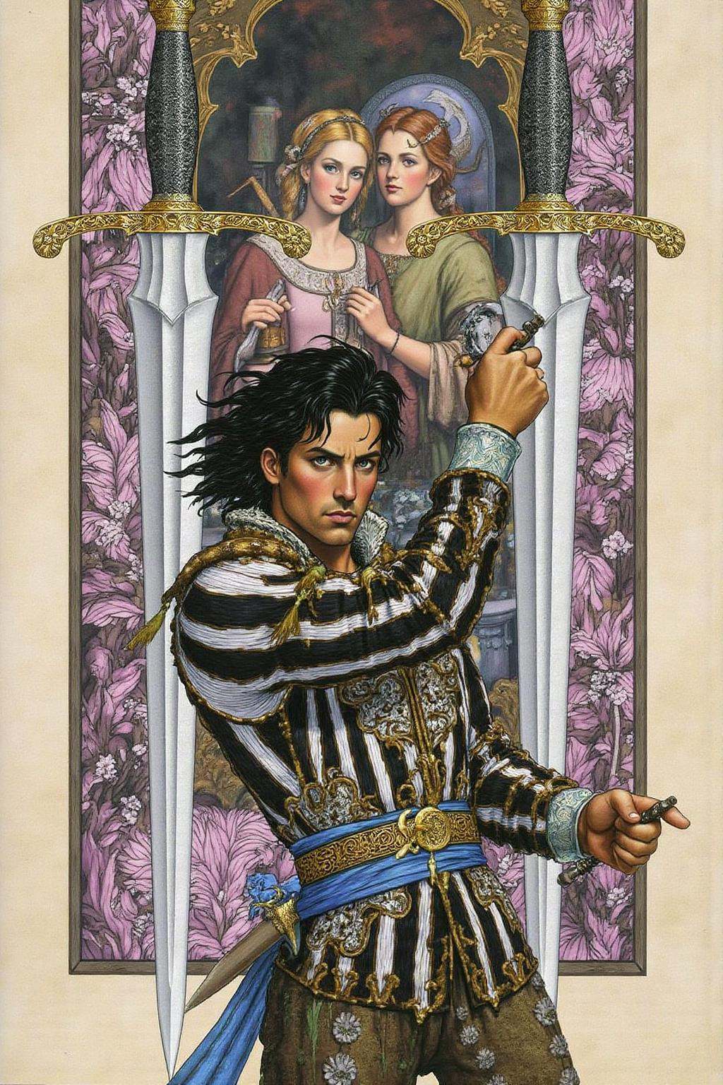 jole1 illustration.A man with dark,  tousled hair,  dressed in a medieval costume with a white and black striped tunic on...