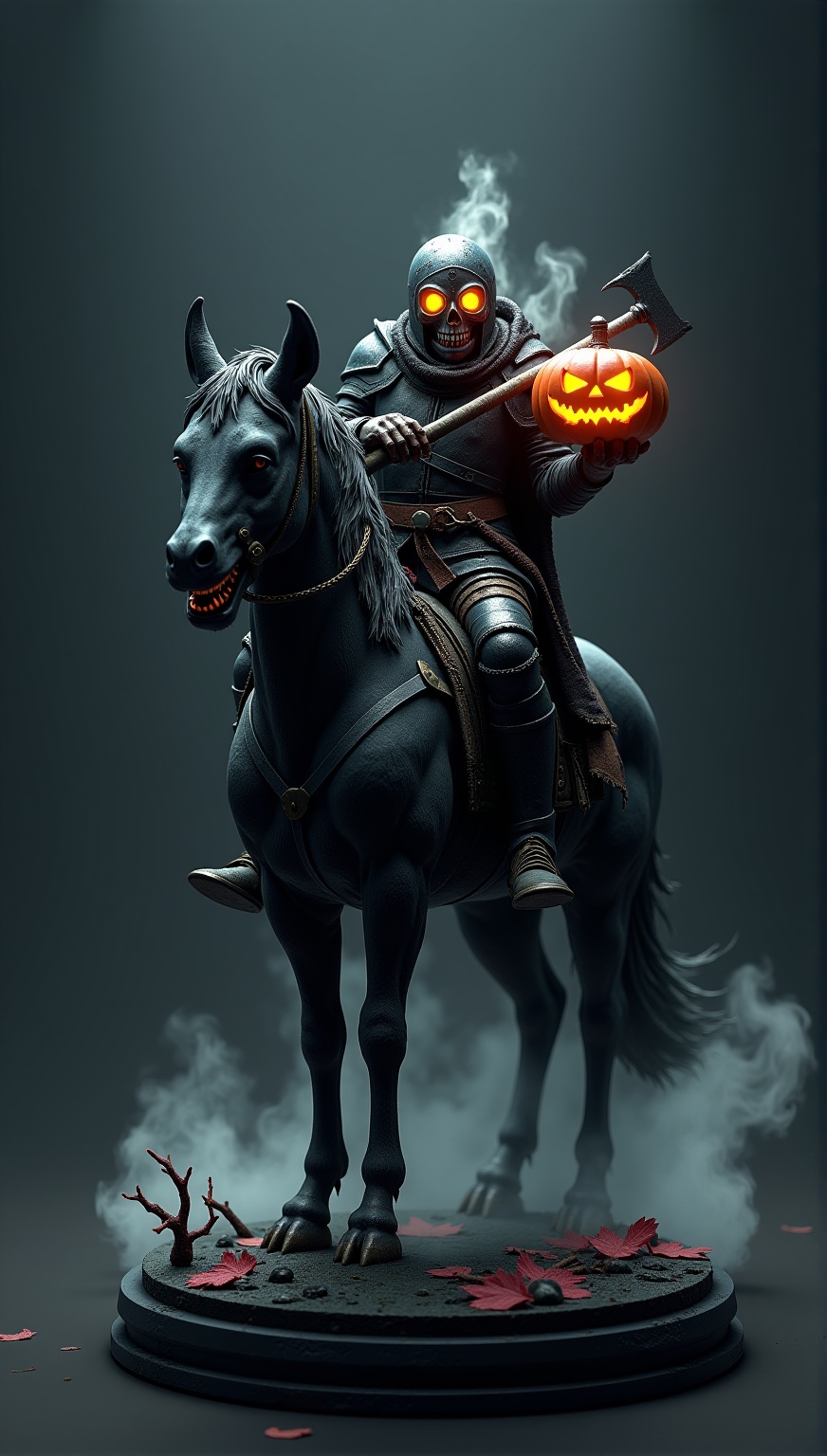 C4D, 3D, Halloween-Themed Chess Set, Knight: Headless Horseman or Werewolf Appearance: A headless knight carrying a glowing jack-o'-lantern under his arm, with eerie mist swirling around, or a ferocious werewolf mid-transformation, with razor-sharp claws and teeth. Mount: A spectral horse with ethereal, glowing eyes, or a dark, twisted wolf with fur as black as coal. Armor: Rusty, ancient armor overgrown with vines and moss, or fur-covered, torn armor with a hint of innocence. Weapon: A massive, battle-worn axe, a sword with an otherworldly glow, or clawed hands with razor-sharp nails. Theme: The embodiment of speed, ferocity, and terror, with an aura of foreboding and dread. Base: A round base resembling a misty, moonlit forest floor, with scattered crimson leaves or ancient, weathered rocks.