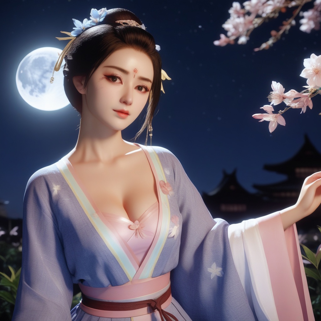 <lora:831-DA-XL-国风E:0.8>, (,1girl, ,best quality, ),,  ,ultra realistic 8k cg,, ,masterpiece, (( , )),, ,   ,   cure blossom, full moon,night,night sky,  (cleavage),,  (), ,,